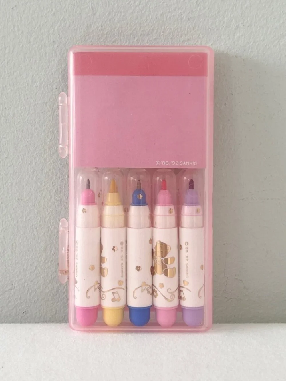 Vintage SANRIO Tweedle Dee Dee Bear Pen Marker Notepad Set Pink Case Hello Kitty